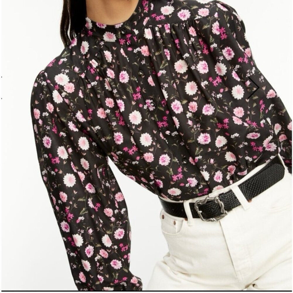 Elie Tahari Womens Floral Top Blouse Size Medium Button Long Sleeves Black Pink - Picture 1 of 10